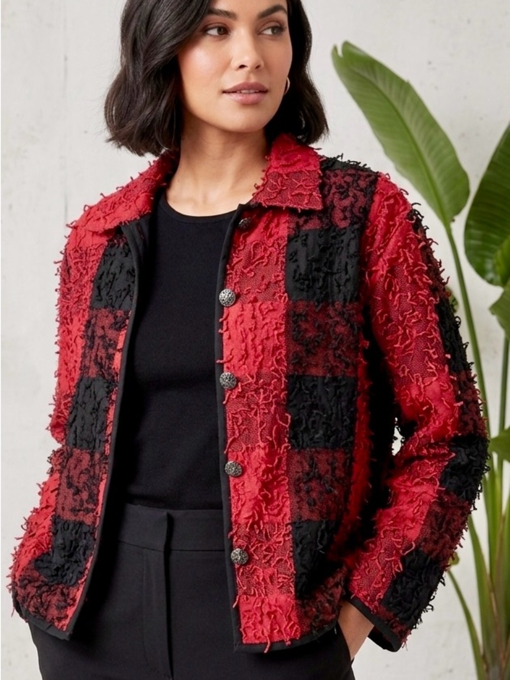 Life Style in Red and Black With Textured Plaid Button Down Jacket